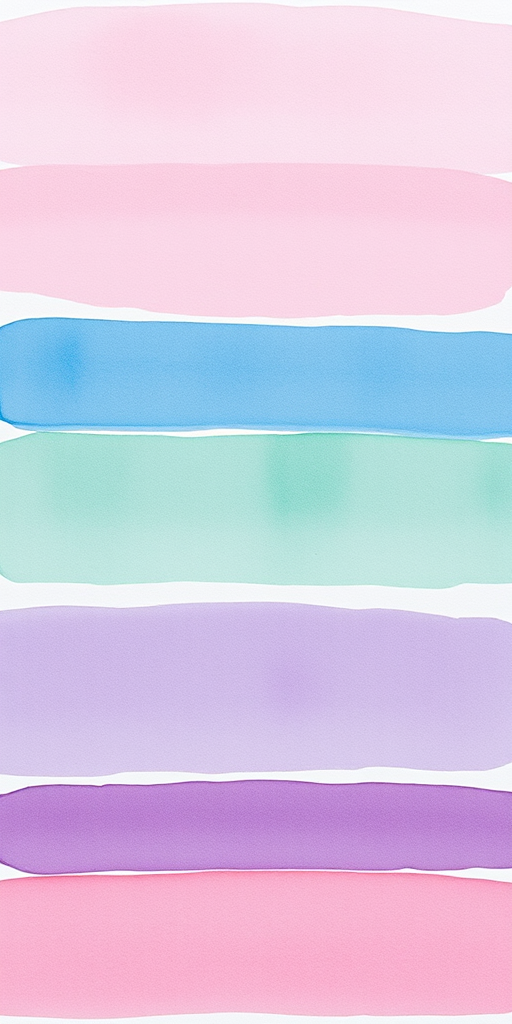 create a watercolor painting of horizontal color swatches in soft pastel shades of pink, blue, green, and purple, using a Canon EOS R5, 50mm lens, f/1.8 aperture, ISO 100, with a top-down perspective and natural light for enhanced detail and texture.