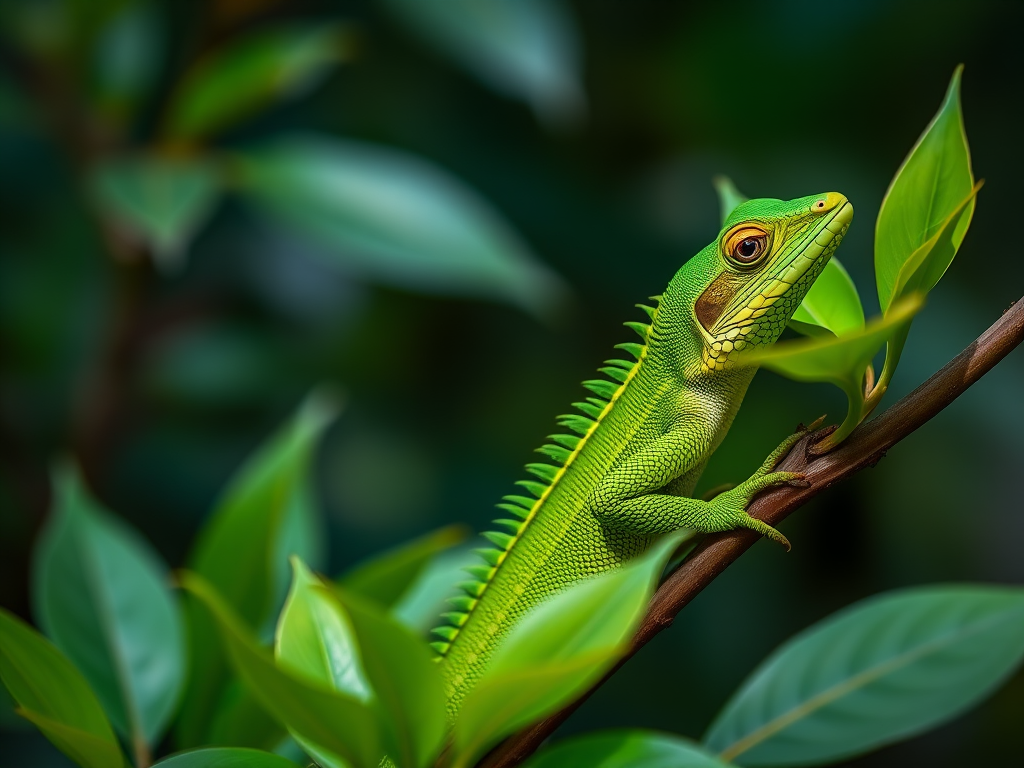 Regenerate an image of a green lizard perched on lush foliage in a vibrant natural setting with a shallow depth of field using a DSLR camera at f/2.8, ISO 200, and a focal length of 85mm, capturing the intricate details of its scales and the surrounding leaves.