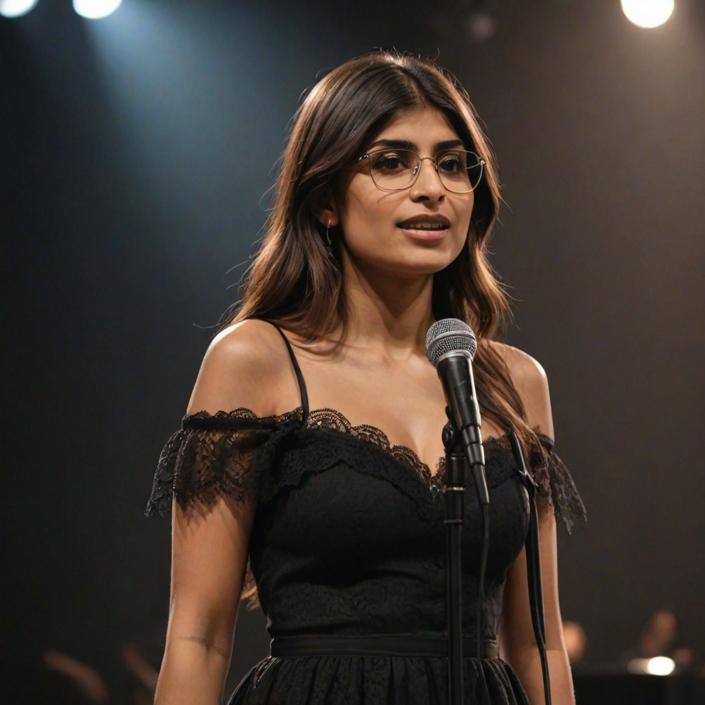 mia khalifa with long, flowing brown hair is standing in the center of the frame, holding a microphone in her right hand, and looking slightly off to the right side of the frame. She is wearing a black, off-the-shoulder dress with delicate lace detailing. The lighting is warm and dramatic, creating a spotlight effect on the singer. There are other figures in the background, blurred and out of focus, suggesting a concert or performance setting. The camera angle is low, capturing the woman from the waist up. The overall atmosphere is intimate and captivating.
