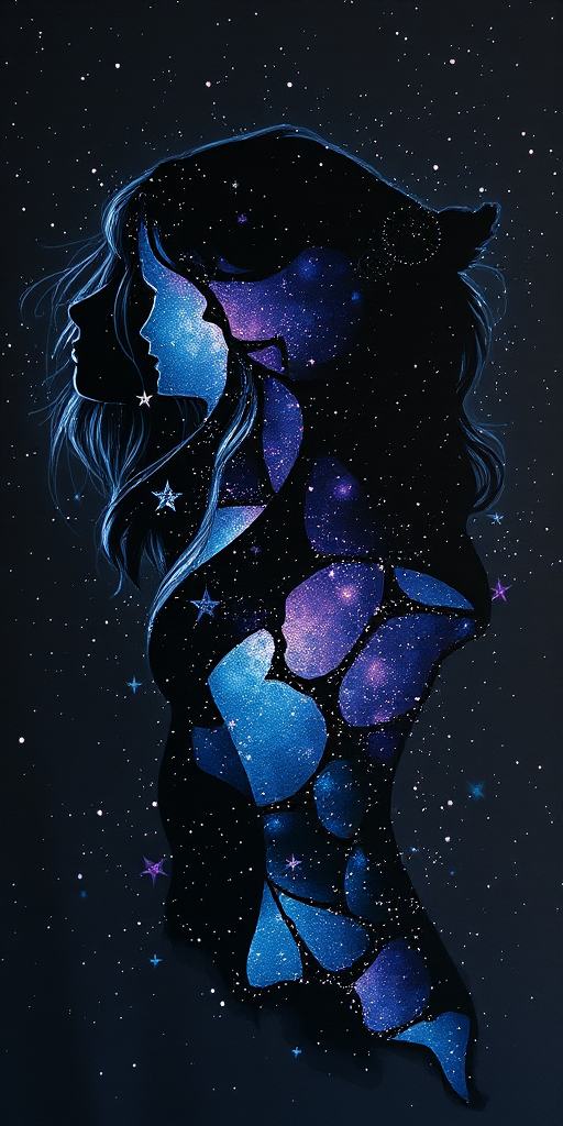 Captivating conceptual render alcohol ink art, double exposure, the paint strokes artfully merge combining a woman's full silhouette with a Cordial camel's silhouette. The figures are composed of a series of colored dots, lines & spots that evoke the image of a cosmic galaxy, colors are deep shades of blue purple & black with flashes of white & silver representing distant stars. The woman's silhouette is formed within the lion's silhouette from constellations of scattered stars, surreal