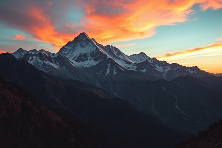 Generate a high-resolution image of a majestic mountain landscape at sunrise with vibrant colors, using a DSLR camera, 24mm lens, aperture f/8, ISO 100, shutter speed 1/125 sec, capturing a wide-angle view with a focus on the foreground details and a soft bokeh effect in the background.