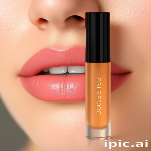 Sheer peach lip oil "Dewy Nectar" with a natural flush and subtle golden sheen, perfect for everyday wear and no-makeup looks, moisturizing and lightweight feel
