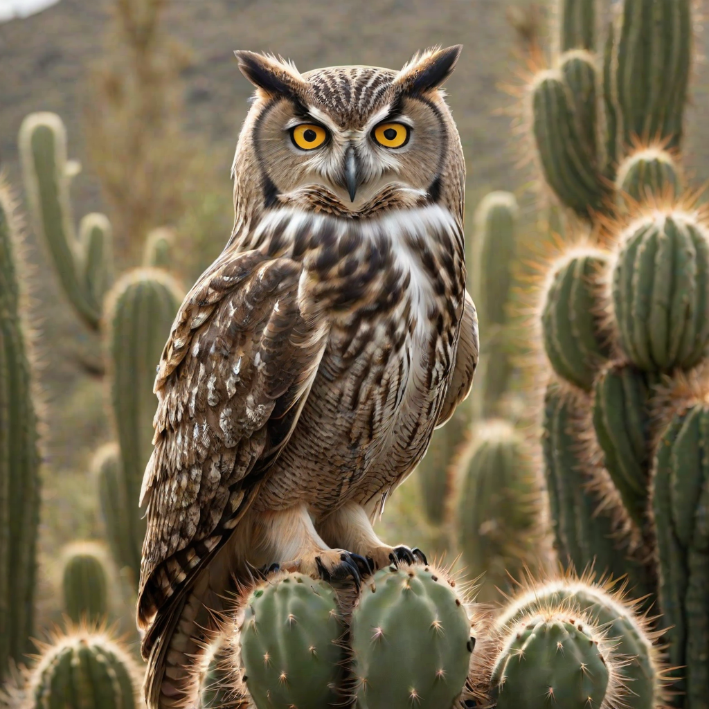 Generate an image of a majestic owl perched on a cactus. The owl should have striking yellow eyes and intricate feather patterns, showcasing a mix of browns and whites. The background should be softly blurred to emphasize the owl, capturing a bright and natural setting.