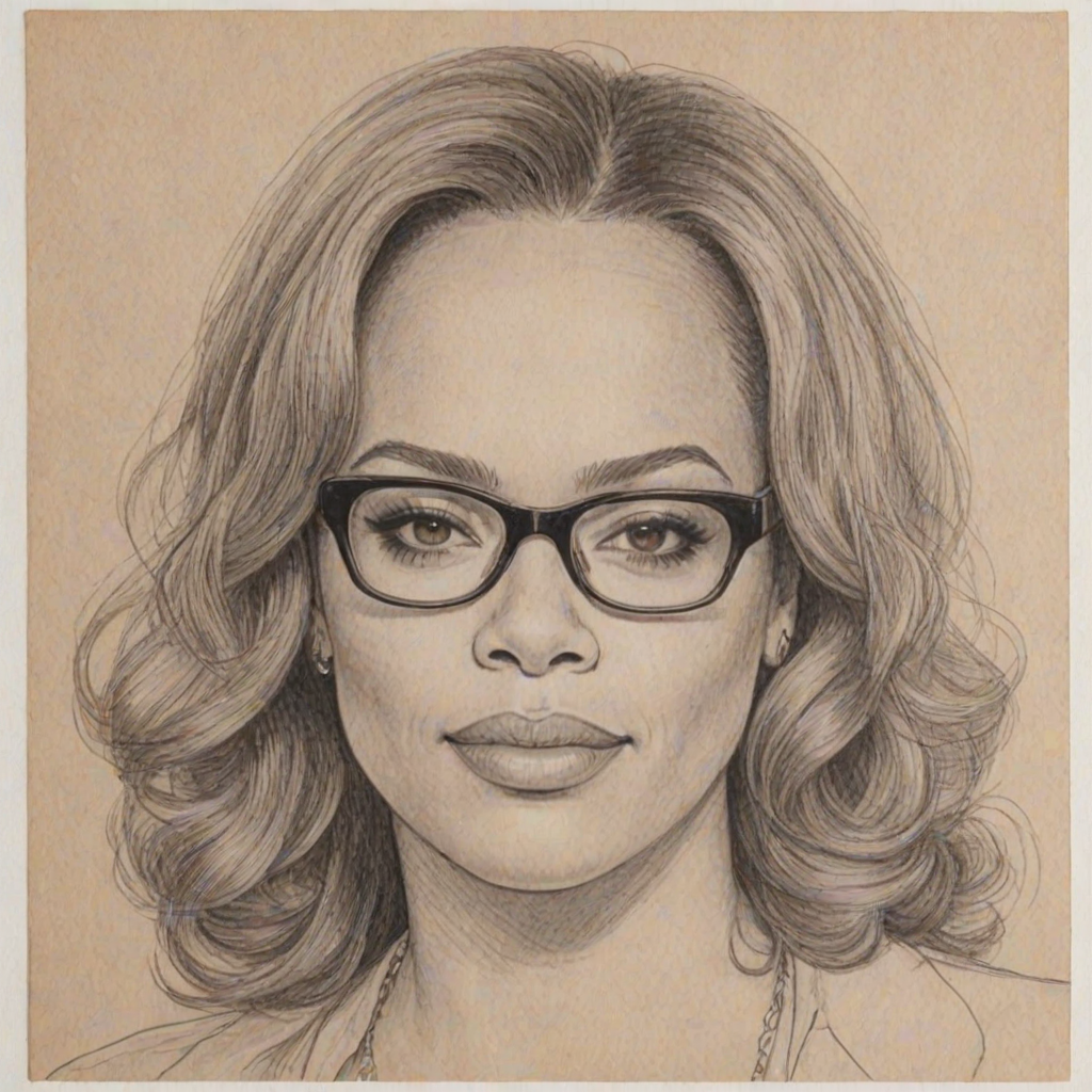 Superb Faith Evans, pencil sketch, portrait of Delightful woman 1976s in glasses, hair style beatnik, outline, clear lines, fine lines, 8k
