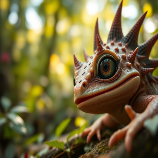 Create a highly detailed close-up image of a fantastical creature resembling a spiky lizard with large expressive eyes, surrounded by a lush, vibrant forest setting, utilizing a Canon EOS R5 with a 50mm f/1.2 lens, ISO 100, aperture set at f/2.8, shot in natural light for a warm, soft focus effect, high dynamic range and enhanced color saturation.