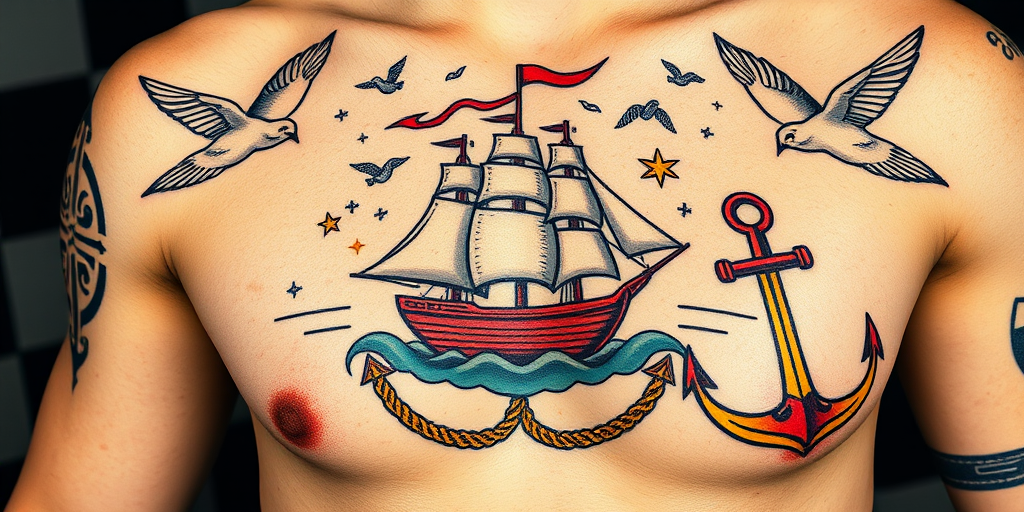Vintage sailor tattoo titled "Nautical Nostalgia" reimagining classic maritime motifs with a modern twist, featuring a ship in a bottle, anchors, and swallows rendered in bold lines and vibrant colors, perfect for traditional arm or chest placement