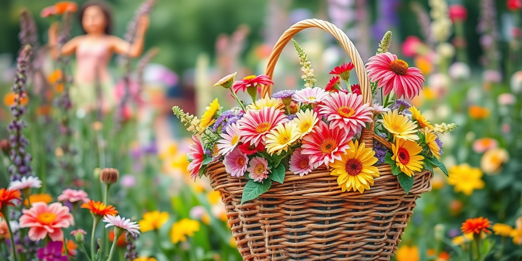 Create a vibrant watercolor illustration of various flowers in a colorful garden with a woven basket of mixed flowers, using a Canon EOS R5 with a 50mm f/1.2 lens, aperture set to f/2.8, ISO 100, and a soft focus background for a dreamy effect.