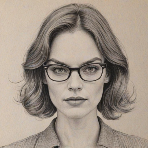 Lovely Ruth Wilson, pencil sketch, portrait of Resplendent woman 1972s in glasses, hair style beatnik, outline, clear lines, fine lines, 8k