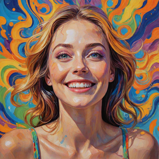 Generate a psychedelic portrait of a woman's happy face with brushstrokes of a woman smiling and looking up at the sky, emphasizing bright and bold colors. The dominant color should be deep blue, with swirling patterns of yellow, green, pink, purple and orange. open blue eyes with long eyelashes, apply an orange-yellow eyeshadow for a mesmerizing effect.