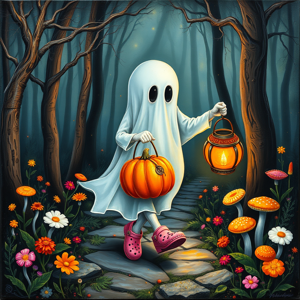 whimsical acrylic and oil painting, 3D, of a ghost, walking and carrying an orange pumpkin bucket and a lantern in the other hand, with bright pink croc shoes, background path in the enchanted forest, wildflowers, colorful mushrooms misty hues of black and orange with bright gold glitter, ultra detailed..Inspired by a prompt from another group