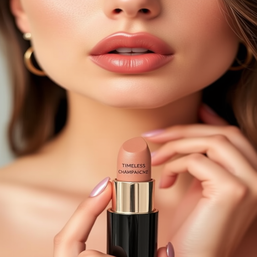 Timeless Champagne Kiss lip style boasting a shimmering nude shade, pearl-infused formula, and hydrating properties, perfect for achieving an effortless and elegant appearance
