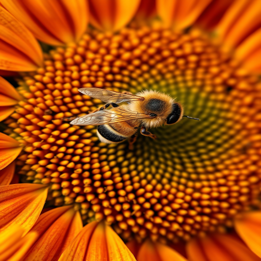 capture a macro shot of a bee on a vibrant sunflower with intricate details of the petals and center, using a Canon EOS 90D camera, 100mm macro lens, aperture f/2.8, shutter speed 1/250s, ISO 100, natural lighting, focus on the bee and flower texture