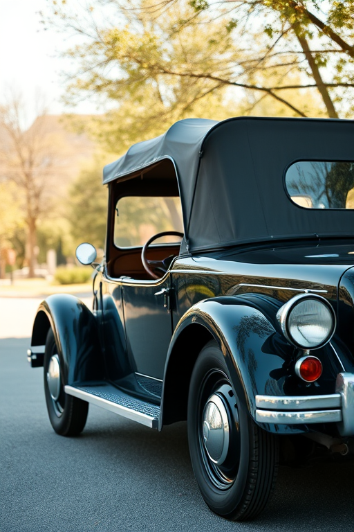 A vintage black car with a large canopy and beige interior, shot from a low angle using a DSLR camera, 50mm lens, f/2.8 aperture, ISO 100, natural lighting, and a soft-focus background to enhance image quality.