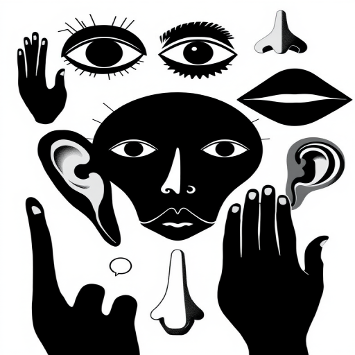 create a high-contrast black and white illustration of abstract body parts including eyes, hands, feet, ears, mouths, and noses, use a Canon EOS 5D Mark IV with a 50mm lens, aperture f/8, shutter speed 1/125s, ISO 100, shot from a top-down perspective with a clean, white background for enhanced clarity and detail