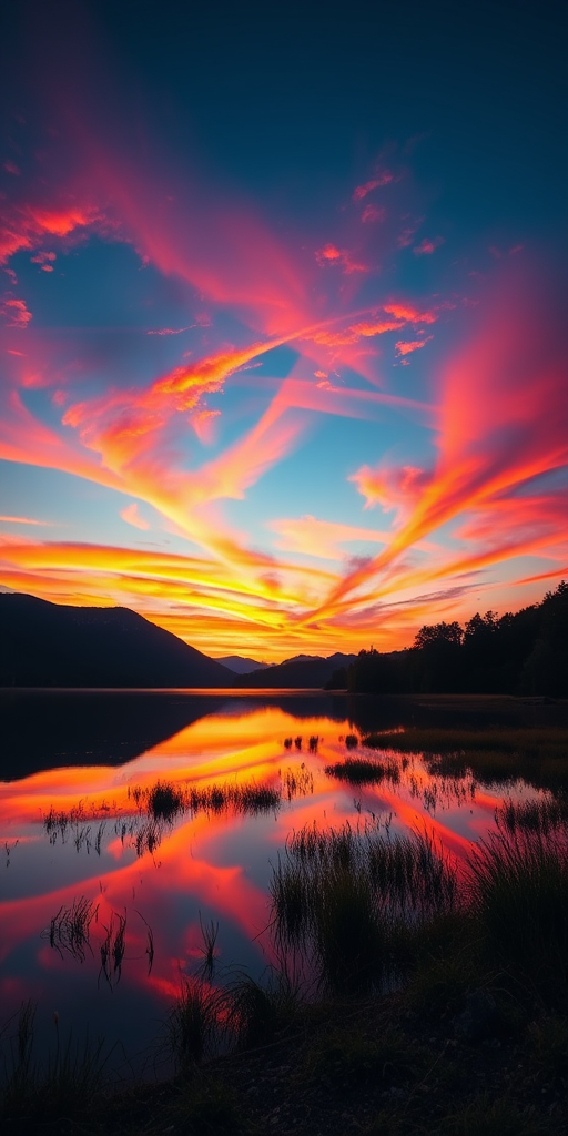 Create an image of a scenic landscape at sunset, with vibrant colors in the sky reflected on a calm lake, shot with a Canon EOS 5D Mark IV using a 24-70mm lens, aperture f/8, ISO 100, 1/125 sec, in landscape orientation for enhanced detail and clarity.