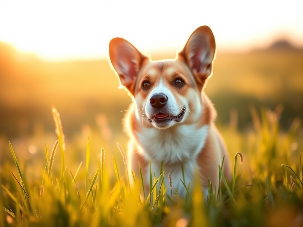 Capture a corgi in a sunlit grassy field during golden hour with a shallow depth of field, using a DSLR camera at f/2.8, ISO 100, 1/500s, focused on the dog's face, with soft bokeh in the background.