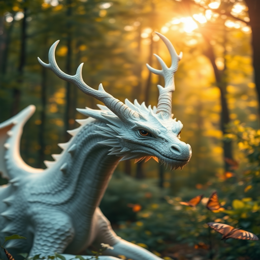 Regenerate a majestic white dragon with antlers in a lush forest, golden sunlight filtering through the trees, vibrant butterflies fluttering, 50mm lens, f/2.8 aperture, ISO 100, shallow depth of field, taken with a DSLR camera in a panoramic view for enhanced detail and depth.