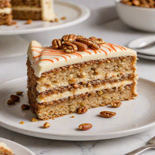 Generate an image of a slice of layered cake with a creamy frosting on top. The cake features a marbled pattern of carrot cake and cheesecake. It is garnished with chopped nuts and served on a white plate. The background is softly blurred, emphasizing the cake slice.