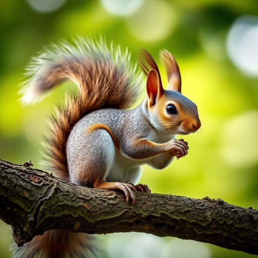 squirrel perched on a tree branch with a blurred background, 50mm lens, aperture f/1.8, ISO 200, shutter speed 1/250s, natural lighting, macro photography, DSLR camera