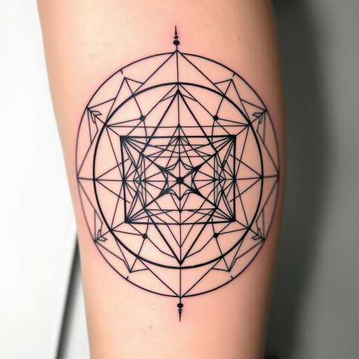 Geometric linework tattoo titled "Sacred Geometry" showcasing a complex arrangement of precise lines and shapes forming a three-dimensional cube within a circle, creating an optical illusion of depth and movement on the skin