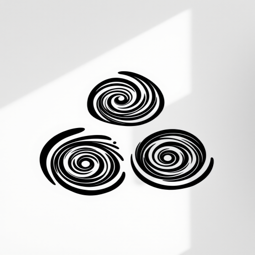 create a symmetrical design featuring three swirling patterns in a circular formation, high contrast black and white, shot with a Canon EOS R5 at f/4, 50mm lens, ISO 100, natural light, top-down view, minimalist style