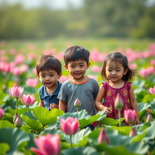 Capture a candid photograph of three children exploring in a vibrant lotus field during daylight with a soft focus background, using a Canon EOS R5, 85mm lens, aperture f/2.8, shutter speed 1/200s, ISO 400, with natural lighting and a shallow depth of field to enhance image quality.