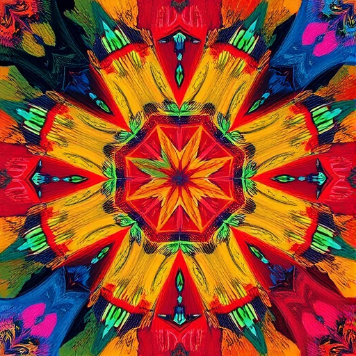 Create a vibrant abstract pattern with bold colors and intricate details, photographed with a Canon EOS R5, 50mm lens, f/1.8 aperture, ISO 100, in natural light, from a top-down view.