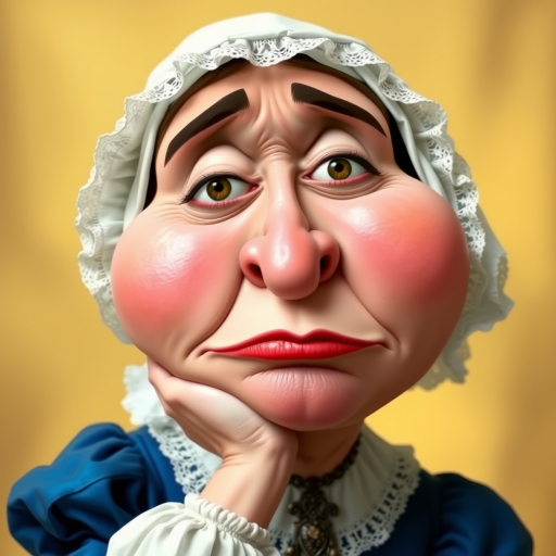 The image is a caricature of a woman with exaggerated features. She is wearing a white bonnet with lace trim and a white blouse with a blue bodice. She is leaning her chin on her hand with a bored or tired expression. Her lips are full and pouty, her cheeks are round and puffy, and her eyes are wide and slightly crossed. Her nose is long and thin, and her brows are furrowed. She is wearing a necklace with a large, ornate pendant. The background is a soft, blurry yellow. The overall effect is humorous and slightly grotesque.