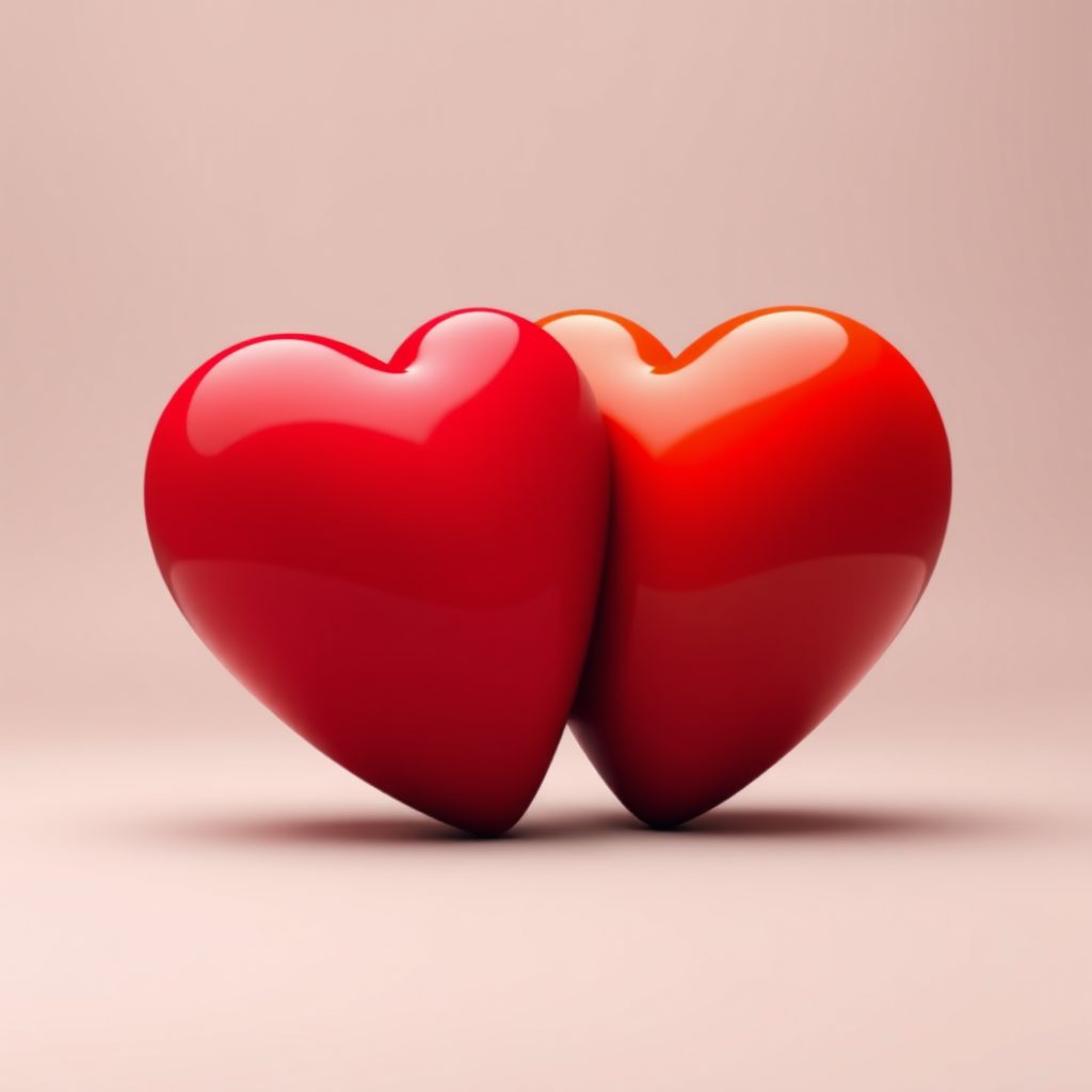 Create a high-resolution digital illustration of two intertwined hearts with a smooth gradient from deep red to orange, using a 50mm lens at f/2.8 aperture, captured in a soft-focus style with a DSLR camera.