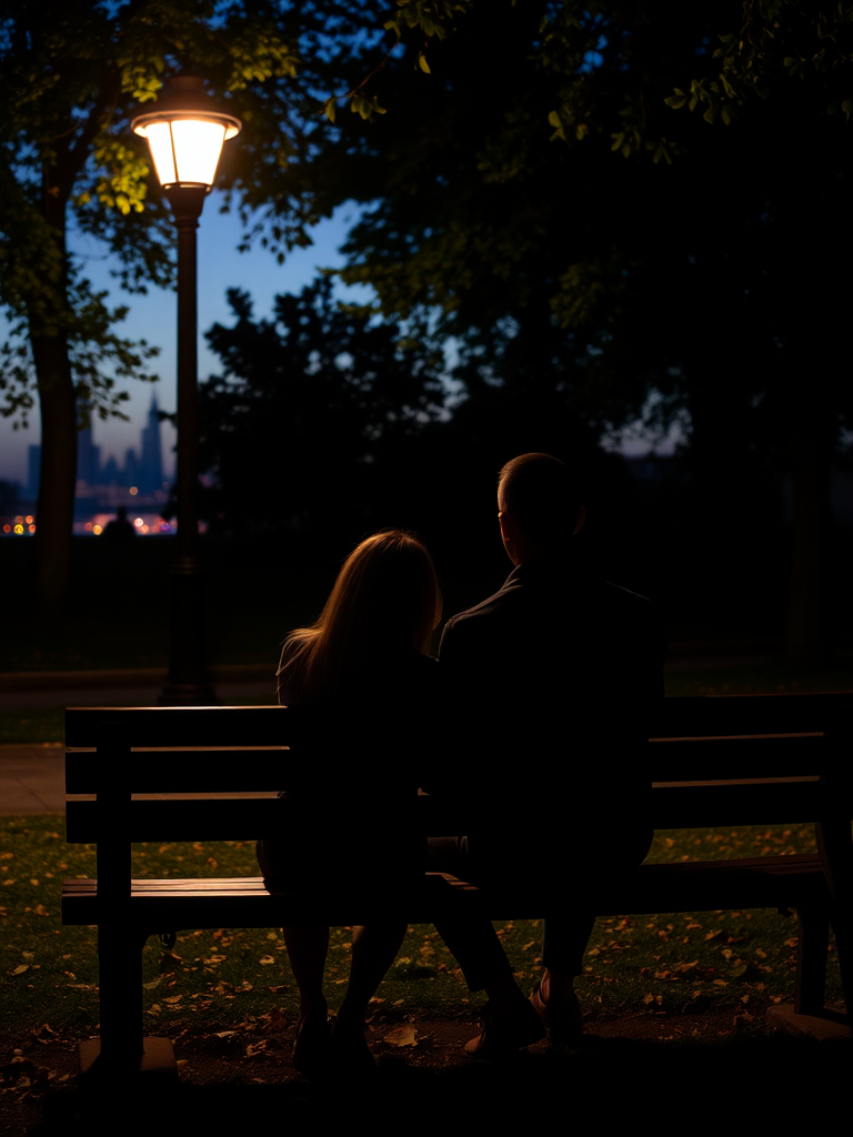 Low-light, candid image of a couple sitting on a park bench at dusk, softly lit by a nearby streetlamp, leaves gently falling around them, their hands intertwined, soft shadows from the trees surrounding them, a distant city skyline barely visible on the horizon.