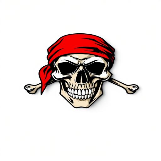 Generate a high-resolution vector image of a stylized pirate skull with a red bandana and crossbones, using a Canon EOS R5 with a 50mm f/1.8 lens, aperture set at f/4, ISO 100, and in a flat lay view with bright lighting to enhance color saturation and contrast.