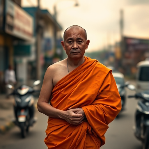 Capture a serene monk in an orange robe walking along a bustling street, with motorcycles in the background under a soft, overcast sky, using a Canon EOS R with a 50mm f/1.8 lens, aperture set to f/2.8, ISO 200, shutter speed 1/200s, taken from a slightly elevated angle for depth and focus on the monk.