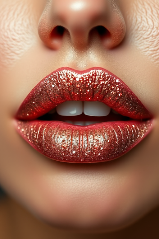 Glittering rose gold lip gloss creates a dazzling effect on perfectly shaped lips, catching the light and emphasizing their three-dimensional quality