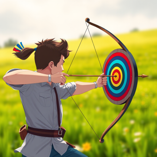 Create an illustration of an archer in a dynamic pose aiming at a colorful target, with a blurred background of a green field, using a 50mm lens, at f/2.8 aperture, with a high-resolution format, in a digital art style.