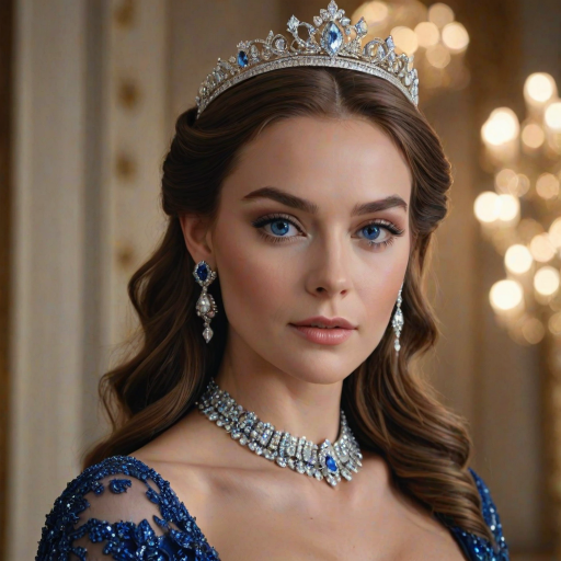 A gorgeous woman in a luxurious blue gown, accessorized with a dazzling tiara and statement earrings, her deep blue eyes highlighted by impeccable makeup, poised in a royal setting, photorealistic, 8K quality
