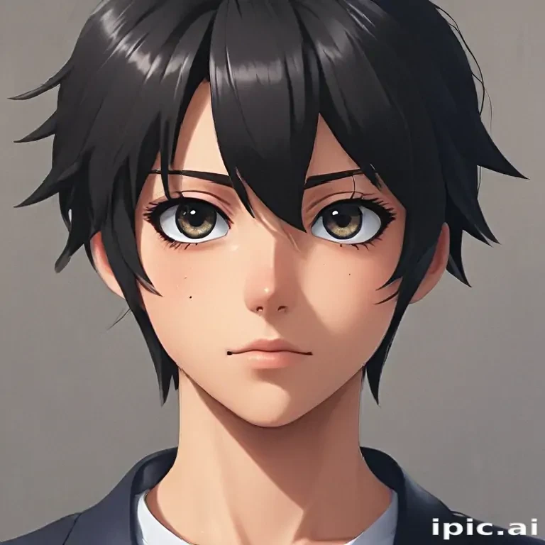 Stylized Portrait of a Young Person with Dark Hair and Expressive Eyes