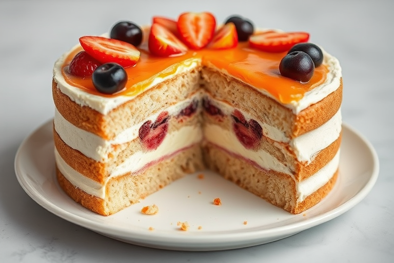 Create an image of a layered cake with a creamy filling and a fruit topping showing distinct layers of cake and filling with a slice removed revealing the interior details and a clean plate beneath.