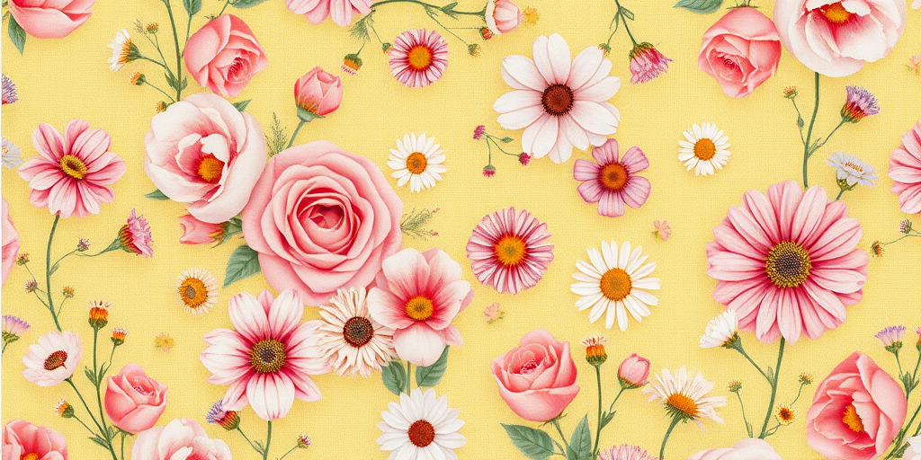 Create a high-resolution image of a floral fabric pattern with soft pastel colors, featuring various flowers like roses, daisies, and wildflowers against a light yellow textured background, using a Canon EOS R5 camera, 50mm lens, aperture f/2.8, ISO 100, and a flat lay view for an enhanced look.