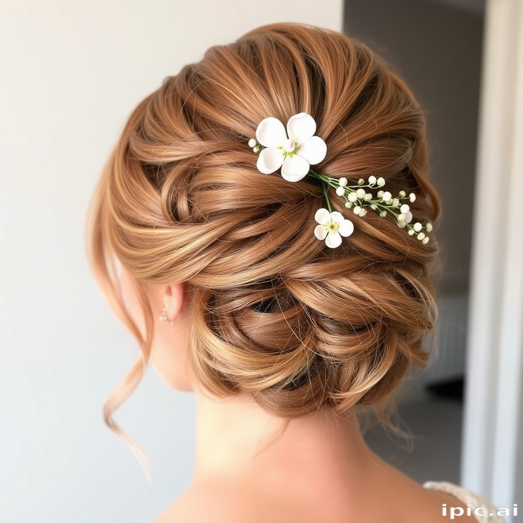 Romantic Rose Gold Updo featuring soft, loose curls pinned elegantly at the nape of the neck, adorned with delicate floral hairpins and wispy tendrils framing the face