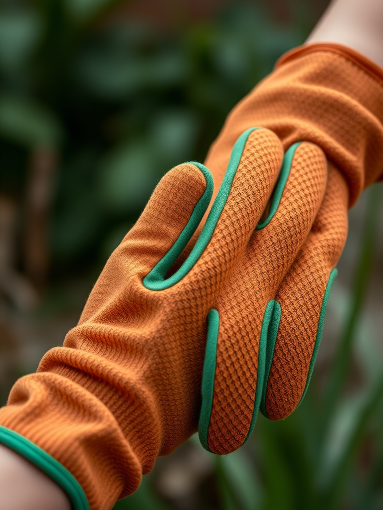 Generate an image of a pair of brown gardening gloves with a green trim, using a Canon EOS R5 camera, 50mm lens, f/2.8 aperture, ISO 200, soft natural lighting, and a macro view to highlight the texture and details of the gloves.