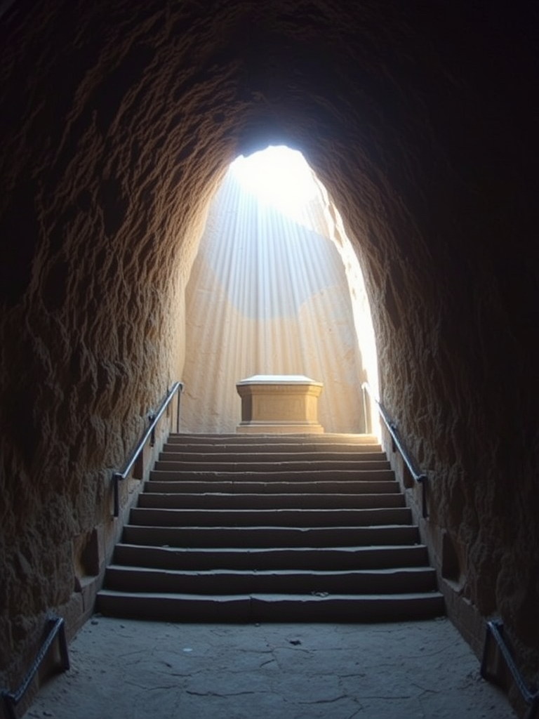 A dimly lit cave interior with a staircase leading up to a bright opening, soft rays of sunlight filtering in, illuminating a stone sarcophagus at the center, focal length 35mm, aperture f/2.8, ISO 100, natural lighting, DSLR camera, wide-angle view.