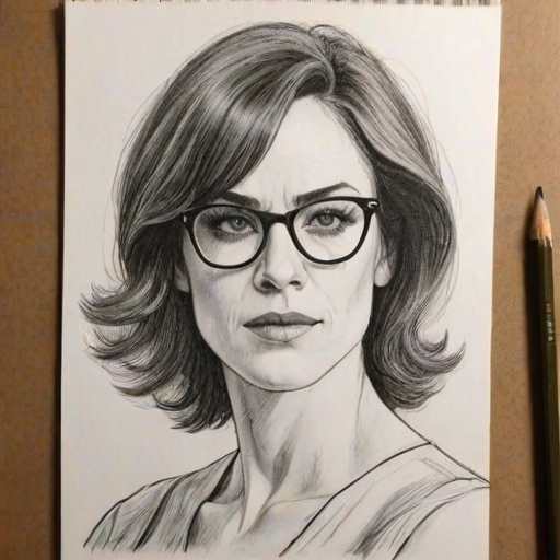 Graceful Maggie Siff, pencil sketch, portrait of Gorgeous woman 1974s in glasses, hair style beatnik, outline, clear lines, fine lines, 8k