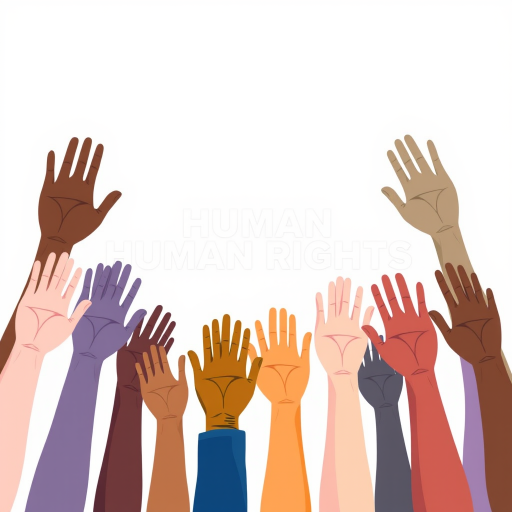 Create an illustration of diverse hands reaching upwards with the phrase "HUMAN RIGHTS" prominently displayed in the center, using vibrant colors like green, blue, orange, and purple, with a clean background for emphasis, captured with a high-resolution digital camera, 50mm lens, f/8 aperture, and soft natural lighting to enhance clarity and detail.