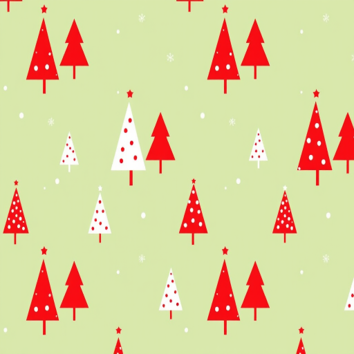 Create a seamless pattern design featuring stylized Christmas trees in red and white with polka dots on a soft green background, using a DSLR camera with a 50mm lens, aperture set to f/2.8, ISO 200, and natural light for enhanced color vibrancy and detail.