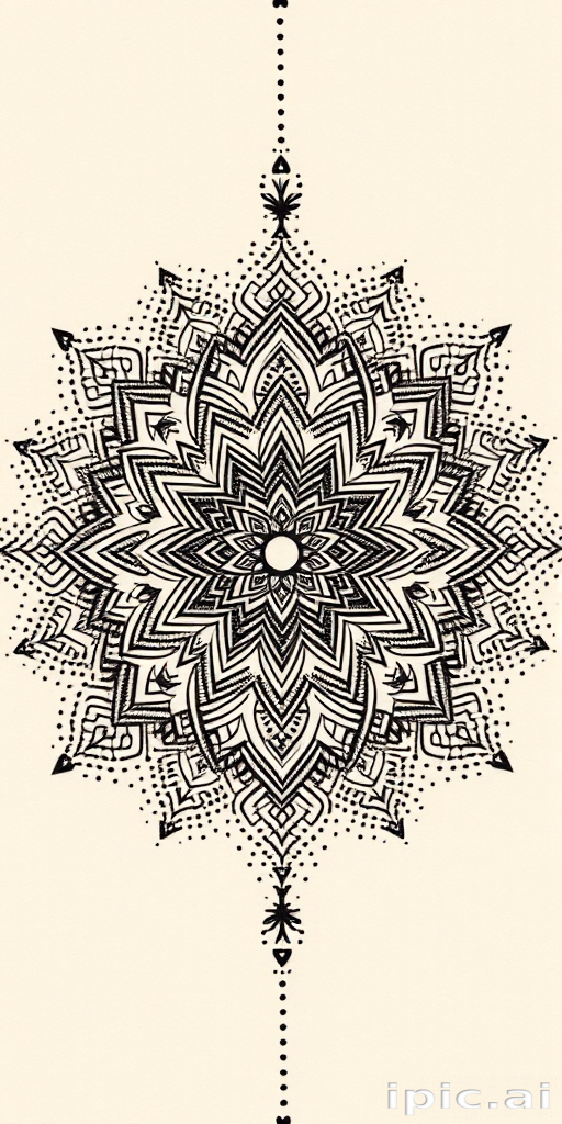 Dotwork mandala tattoo called "Cosmic Symmetry" showcasing intricate patterns and sacred symbols meticulously crafted using thousands of tiny dots gradually fading from dense to sparse