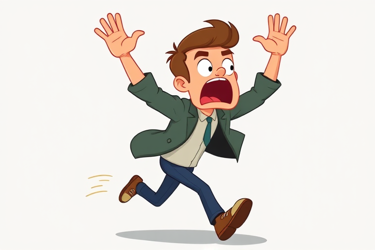 create a vector illustration of a frightened cartoon man running, arms raised in panic, with a surprised expression, use a bright color palette, ensure smooth lines and clear shapes, camera settings ISO 100, aperture f/4, shutter speed 1/250s, camera view close-up, camera style flat design, camera type digital