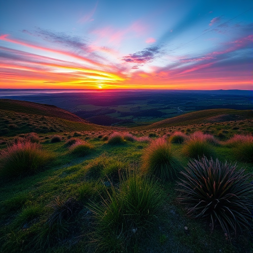 Generate a high-resolution image of a scenic landscape during sunset with vibrant colors, captured using a Canon EOS R5, ISO 100, f/8 aperture, 1/200 sec exposure, wide-angle view, using a prime lens for sharp detail.
