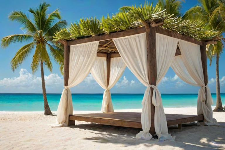 Create a picturesque tropical beach scene featuring a serene, white sandy shore. In the foreground, there's a rustic wooden canopy with white drapes gently flowing in the breeze. Underneath the canopy, a table is set with tropical decor, evoking a sense of relaxation and leisure. The beach extends into a calm, shallow water area with reflections of the sky and surroundings. Palm trees and lush greenery line the edge of the beach, providing a natural, tropical backdrop. The sky is clear with a few scattered clouds, and the overall atmosphere is tranquil and inviting, perfect for a peaceful retreat.