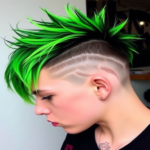Edgy undercut with long, neon green top layers styled in tousled spikes, featuring shaved patterns on the sides in the rebellious "Cyber Punk" haircut