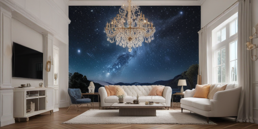 Elegant Living Room with Stunning Galaxy Mural and Chandelier Lighting